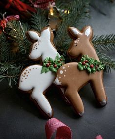 two decorated christmas cookies sitting on top of a table