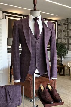 Color: PurpleButton: Single BreastedOccasion: Prom, Wedding, BusinessNeckline: Peaked LapelMaterial: Polyester & Polyester BlendPattern: PlaidPiece: 3 PiecePocket: With Flap Navy Slim Fit Suit, Suit For Prom, Blue Slim Fit Suit, Single Breasted Suit, Groomsmen Outfits, Slim Fit Suit Men, Purple Suits, Claret Red, Lapel Jacket