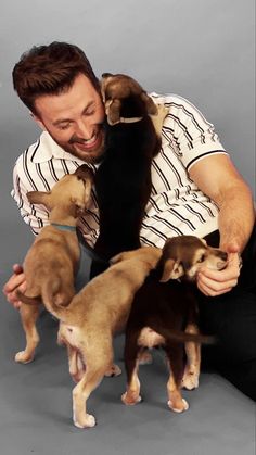 a man sitting on the floor with four puppies