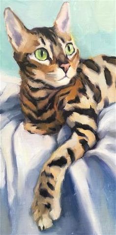 a painting of a cat laying on top of a white bed sheet with green eyes