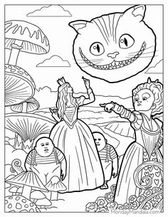 an adult coloring book with the image of alice and her cat in wonderlandland, which is