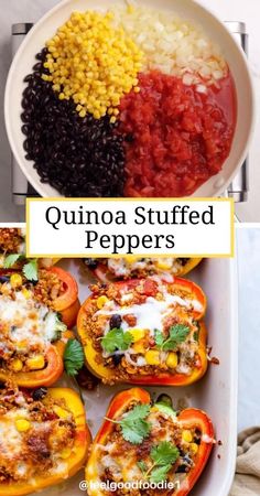 quinoa stuffed peppers in a baking dish with rice and corn on the side