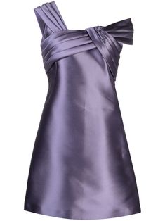 lilac purple satin weave draped detailing knot detailing asymmetric neck short sleeves concealed side zip fastening flared skirt straight hem Short Dress Sleeve, Little Purple Dress, Unique Semi Formal Dresses, Lilac Outfits, Short Purple Dress, Elegant Silk Dress, Purple Clothing, Violet Dress