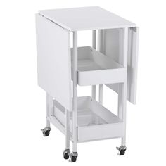 a white kitchen cart with two drawers and wheels on the bottom, in front of a white background