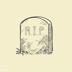 a drawing of a tombstone with the word rip on it's head in black ink