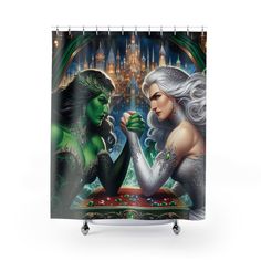 a shower curtain with an image of two women in front of a cityscape