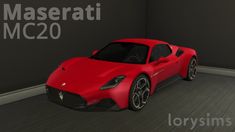 a red sports car parked in a room with the name maserati mc20 on it