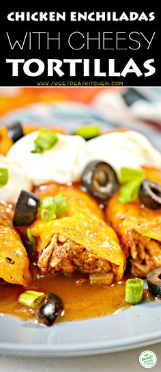 chicken enchiladas with cheesy tortillas on a plate