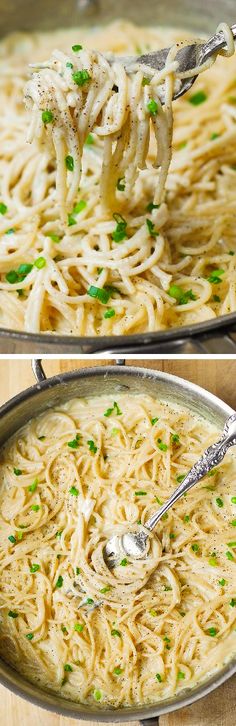 two pictures of pasta being cooked in a skillet