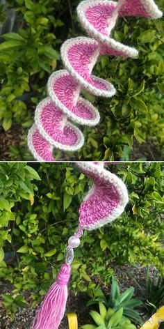 crocheted wind chimes hanging from a tree in the garden with green leaves