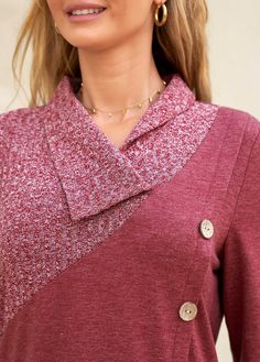 Red Winter Tops With Button Closure, Red Buttoned Tops For Fall, Red Crew Neck Top With Buttons, Pink Fall Tops With Buttons, Pink Buttoned Tops For Fall, Pink Tops With Buttons For Fall, Pink Button Top For Fall, V Neck Sweatshirt, Reddish Purple