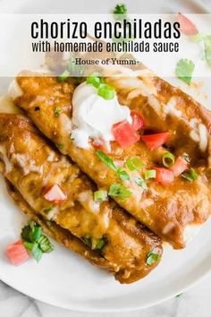 mexican enchiladas with homemade enchilada sauce on a white plate