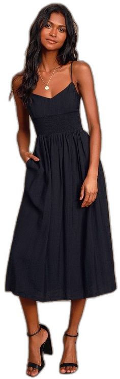 Black Smocked Back Midi Dress, Solid V-neck Midi Dress With Smocked Back, Black V-neck Dress With Smocked Back, Summer Midi Dress With V-neck And Smocked Back, Black Midi Dress With Smocked Back And V-neck, Adhesive Bra, Strapless Bra, Everyday Dresses, Mid Calf