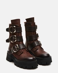 ROLAND Brown Leather Ankle Lug Sole Bootie | Women's Booties – Steve Madden Women's Booties, Waterproof Sneakers, New Rock, Sneaker Heels, Lug Sole, Shoe Care, Suede Boots, Brown Boots, Manolo Blahnik