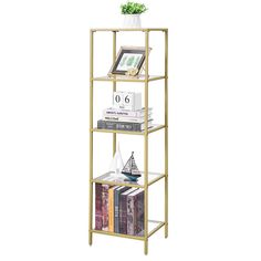 a gold shelf with books and magazines on it