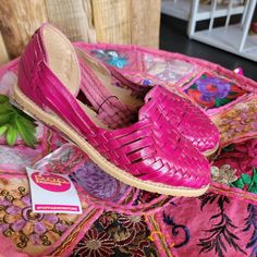 Beautifully Handmade Guaraches In A Bright Fuchsia Hand Tinted Color. Made With Natural Leather Straps Weaved Into Intricate Designs. Slightly Pointed Closed Toe. Flat Sole Style. Very Comfortable. Imported From Mexico. Pink Closed Toe Sandals With Woven Sole, Spring Vacation Woven Leather Huaraches, Pink Leather Huaraches For Summer, Spring Slip-on Huaraches With Woven Sole, Pink Slip-on Sandals With Woven Sole, Pink Bohemian Slip-on Sandals, Pink Slip-on Huarache Sandals For Beach, Pink Leather Huarache Sandals Casual, Pink Slip-on Sandals For Festival