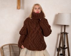 "MATERIAL : 5 strands of 100 % soft wool COLOUR : Brown ( There may be a slight difference because of the different monitors' representation) ♥ In the picture the model is wearing a garment with these measurements : A: ( Body lenght) : 28.7 \" / 73 cm B: ( Chest width) : 20.9 \" / 53 cm C: (Sleeve from under the arm) : 23.6 \" / 60 cm D: (Neck unrolled) : 13 \" / 33 cm They are taken with the item laid flat and not streched. ♥ For choosing your size please look at size chart in our listing pictu Warm Cardigan, Cosy Winter, Womens Sweaters, Brown Colour, Mohair Wool, Winter Sweater, Mohair Sweater, Chunky Knits Sweater, Chunky Sweater