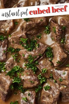 a close up of a plate of food with meat and vegetables on it, next to the words instant pot cubed beef