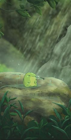 a cartoon character laying on top of a rock in the rain