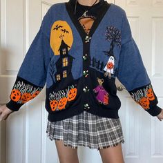 Halloween Cardigan Outfit, Crochet Halloween Cardigan, Aurora Style, Thrift Fits, Halloween Cardigan, Teacher Fits, Class Outfits, Leaves Falling, Pumpkin Outfit