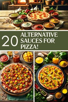 various pizzas with different toppings on them and the words alternative sauces for pizza