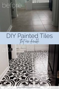 a black and white tile floor with the words diy painted tiles