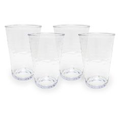 four clear glass tumblers are lined up on a white surface, one is empty