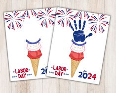 two labor day cards with ice cream cones and fireworks