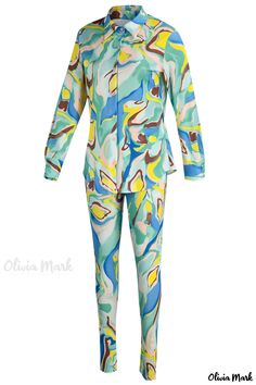 Olivia Mark - Stylish Womens Pink Patchwork Print Two-Piece Set with Elegant Turndown Collar and Long Sleeves Casual Multicolor Sets For Daywear, Multicolor Spring Sets For Daywear, Multicolor Long Sleeve Sets For Daywear, Tag Print, Patchwork Print, Yellow Print, Turndown Collar, Casual Sets, Two Piece Sets