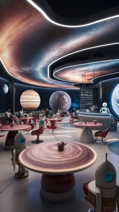 the interior of a space station with many tables and chairs in front of planets on the ceiling