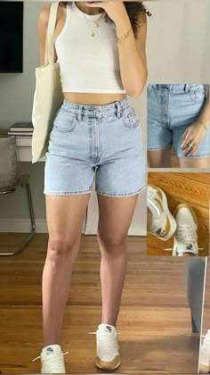 a woman taking a selfie while wearing high waist denim shorts and white tank top