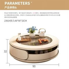 the coffee table has two trays on it and is shown with measurements for each side