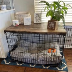 a dog bed in a cage next to a potted plant on top of a table