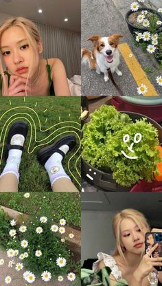 a collage of photos with flowers, plants and a woman taking a selfie