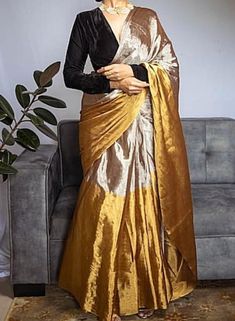 Wrap yourself in elegance with our off-white handloom Chanderi silk saree - because why settle for ordinary when you can sparkle like a star? ✨ This beauty features gold antique zari and a chic stripe pattern, making it your ticket to instant glam. Imagine strutting around like a secret celebrity - because, this saree is your red carpet moment waiting to happen! 🌟 Don't just wear a saree; own the spotlight with Poonam Sarees! 💫🛍️ #SareeStar #GlamInSilk Fabric: Pure Silk Colour: Same as pictur Glamour Party, Tissue Silk Saree, Bridesmaid Saree, Chanderi Silk Saree, Gold Blouse, Saree Blouse Designs Latest, Plain Fabric, Contrast Blouse, Blouse Designs Latest