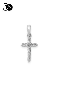 Rhodium over 14K gold cross pendant with 0.108 cttw natural round diamonds of I2 clarity and polished finish. Measures approximately 11/16"L x 5/16"W. White Gold Crucifix Jewelry With Diamond Accents, White Gold Crucifix With Diamond Accents, Diamond Cross Pendant Jewelry With Polished Finish, White Gold Diamond Round Cross Necklace, Elegant White Gold Crucifix Jewelry, White Gold Cross Necklace With Diamond Accents, White Gold Crucifix With Brilliant Cut, White Gold Brilliant Cut Crucifix Jewelry, Brilliant Cut White Gold Crucifix Jewelry