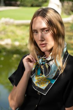 Printed on luxurious silk satin, this scarf features a charming design of pocket watches and jeweled belts, symbolizing the delicate balance of time and style. The intricate details and rich colors make this foulard a standout accessory, perfect for adding a touch of sophistication and playful charm to your wardrobe. Classic foulard size: Approx. 35" x 35". Once made famous by the likes of Audrey Hepburn, Sophia Loren and Grace Kelly, a foulard will always add a touch of elegance to your look. H Samba Outfit Ideas, Jeweled Belts, Adidas Samba Outfit, Pool Party Outfits, Samba Outfit, Silk Satin Scarf, Silk Scarf Style, Large Silk Scarf, Wardrobe Classic