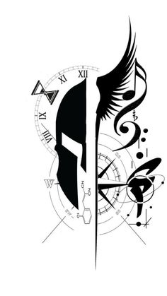 a black and white drawing of a helmet on top of a clock with wings flying around it