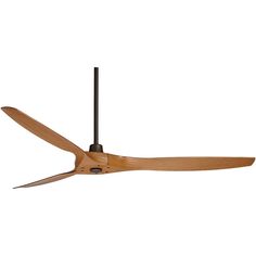 a wooden ceiling fan with two blades on it's blade and one light is turned on