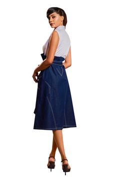 Blue midi dress with a denim skirt and belt and a white shirt bodice. - Aza Fashions Chic Belted Denim Dress For Work, Elegant Belted Denim Dress, Chic Belted Sleeveless Denim Dress, Chic Sleeveless Belted Denim Dress, Chic Denim Dress For Work, Chic Belted Denim Dress For Day Out, Chic Denim Midi Dress For Work, Chic Belted Denim Dress For Summer, Midi Dress For Women