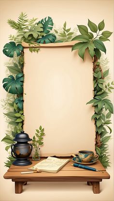 a wooden table topped with an empty sign and potted plants next to a book