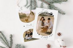 two christmas cards with pictures of people and their dogs on them next to fir branches