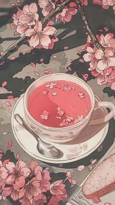 a painting of a cup of tea with pink flowers on the table next to it