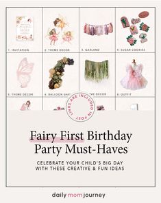 A grid layout showcasing must-have items for a fairy first birthday party, including invitations, decor, garlands, outfits, and sweet treats for a magical celebration. Whimsical Invitations, Adorable Outfits