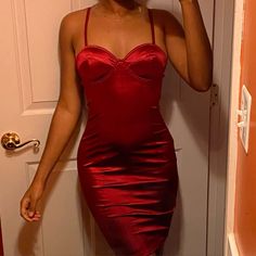 Beautiful Satin Dress That Can Be Worn For A Night Out Never Worn Before. Very Fitting Yet Still Comfortable With Stretch. Can Be Worn From Size Small To Medium. Red Satin Dress For Night, Red Spaghetti Strap Dress For Night, Red Dresses For Night, Burgundy Wine, Satin Mini Dress, Satin Dress, Satin Dresses, Lady In Red, Night Out