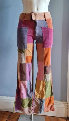 Fab Vintage 90s Boho Dream Cord Patchwork Bell bottoms Size S will fit a UK 8-10 US 4-6  Waist 28-29 ins Hips 34 ins Leg 30 ins  Uttam London 4 x pockets Lightweight cord with gorgeous colourway Zip and velcro closure In great condition consistent with light wear/washing only 70s Pants Women, Retro Medium Wash Patchwork Bottoms, Festival Patchwork Wide Leg Bottoms, Retro Cotton Patchwork Bottoms, Hippie Patchwork Festival Bottoms, Diy Boho Clothes, Hippie Wide-leg Patchwork Pants, Patchwork Trousers, 90s Boho