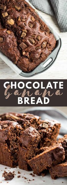 chocolate banana bread is cut into slices and placed on a plate with the rest of the loaf