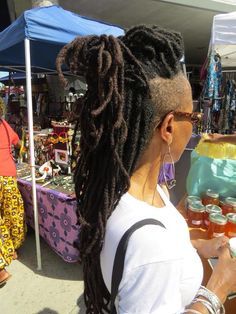 Dreads Undercut Locs Styles, Shaved Sides With Faux Locs, Dreads With Shaved Sides Black Women, Shaved Sides With Locs Black Women, Locs And Undercut Black Women, Locs Undercut Women, Loc Undercut Women, Shaved Sides Locs