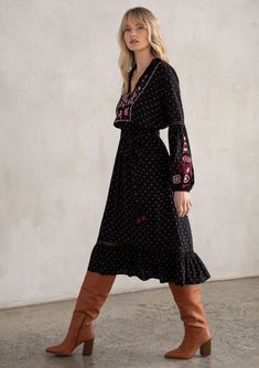 [Color: Black/Merlot] A versatile bohemian mid length dress featuring voluminous lantern sleeves Boho Womens Clothing, Dresses With Cowboy Boots, Long Sleeve Embroidered Dress, Cowgirl Dresses, Bohemian Women, Suede Fashion, Midi Dress With Sleeves, Versatile Dresses, Mid Length Dresses