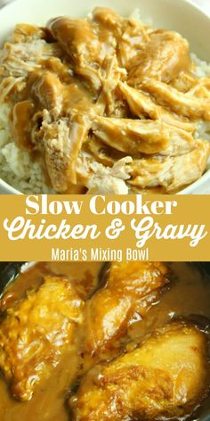 slow cooker chicken and gravy in a bowl with rice